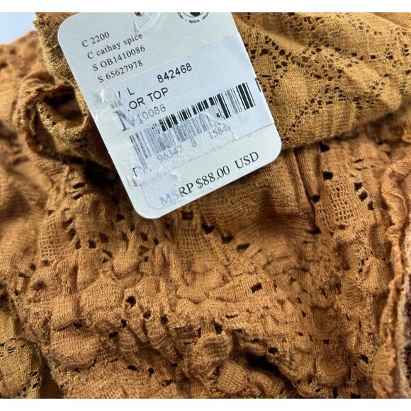 FREE PEOPLE Taylor Top Sz M Gold-Brown Lace Panel Rib Raglan Sleeve Cotton Blend - Picture 12 of 14